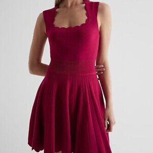 Express Red Scalloped Fit and Flare Sweater Dress